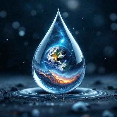 The primary subject of the image is a drop of water, which is the main object, scene, or focus of the image. The setting or background of the image is a dark, starry sky, which adds to the overall atmosphere. The visual style of the image is a digital art or illustration, as it is a creative and artistic representation of the drop of water. The colors and mood of the image are predominantly dark and moody, with the starry sky and the drop of water creating a sense of depth